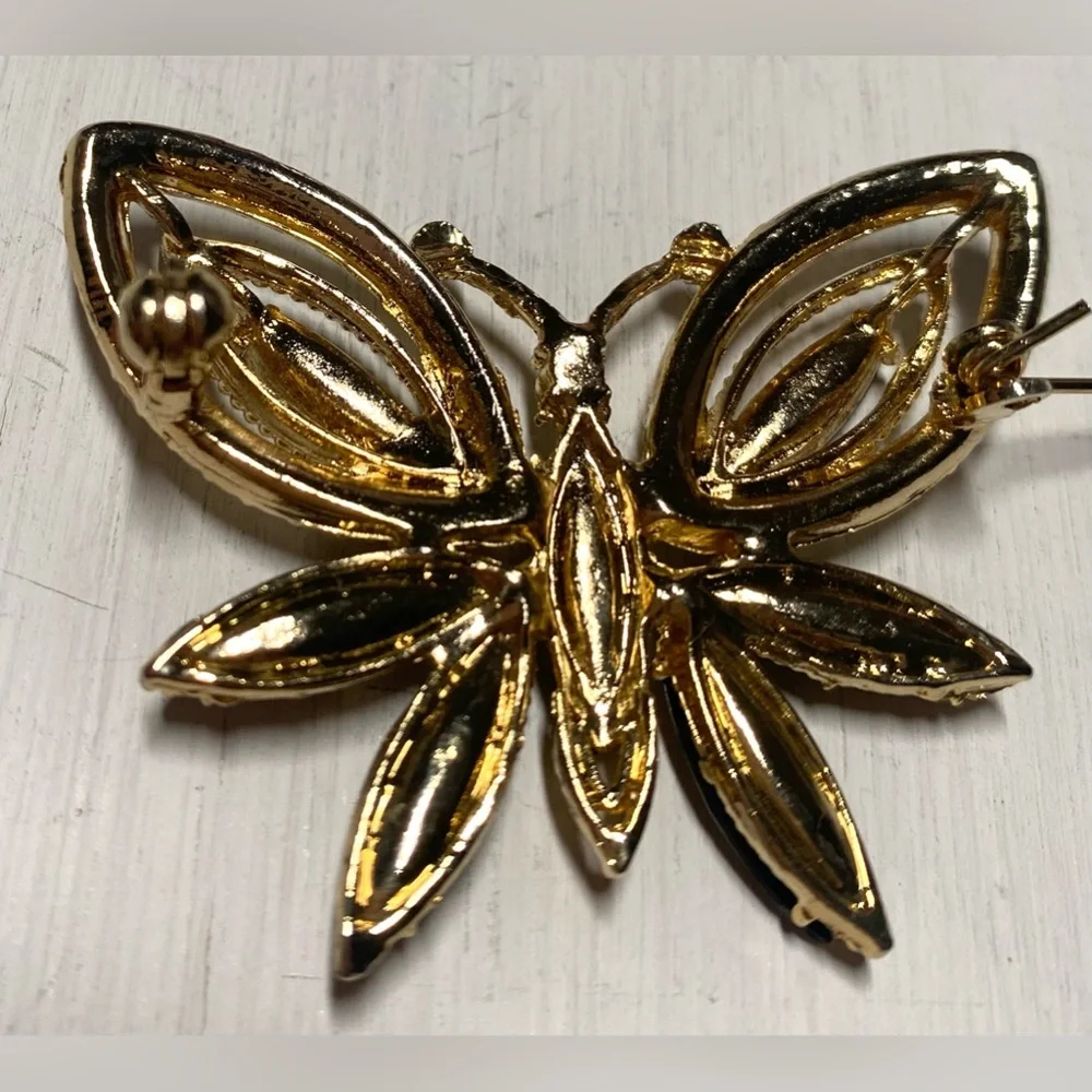 Vintage Black Gold Beaded Butterfly Brooch Pin Accessory Boho Fall Whimsigoth